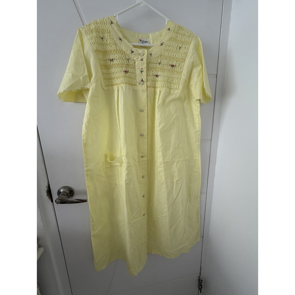Vintage Rosie Yellow Floral Smocked Button Up House Dress Duster Large